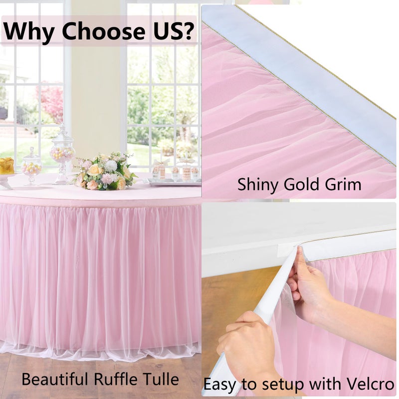 NSSONBEN 167in Baby Pink Tulle Table Skirts for Rectangle Tables 4ft 6ft 8ft, 2-Layer 14 ft Long Gold Grim Princess Pink Ruffle Tulle Tutu Table Skirt Cloth for Girl Birthday Baby Cake Dessert(No Table Cover) - Image 3